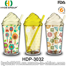 Оптовая bpa бесплатно мороженое кружка, с двойной стенкой Пластиковые стакан сока с соломинкой (ДПН-3032)